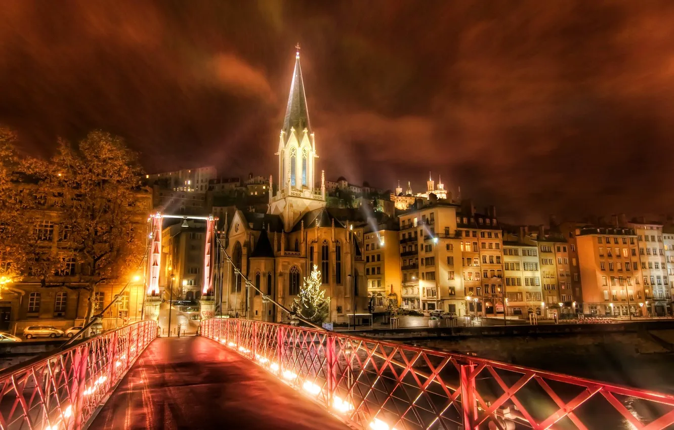 Photo wallpaper night, bridge, lights, river, France, home, Lyon
