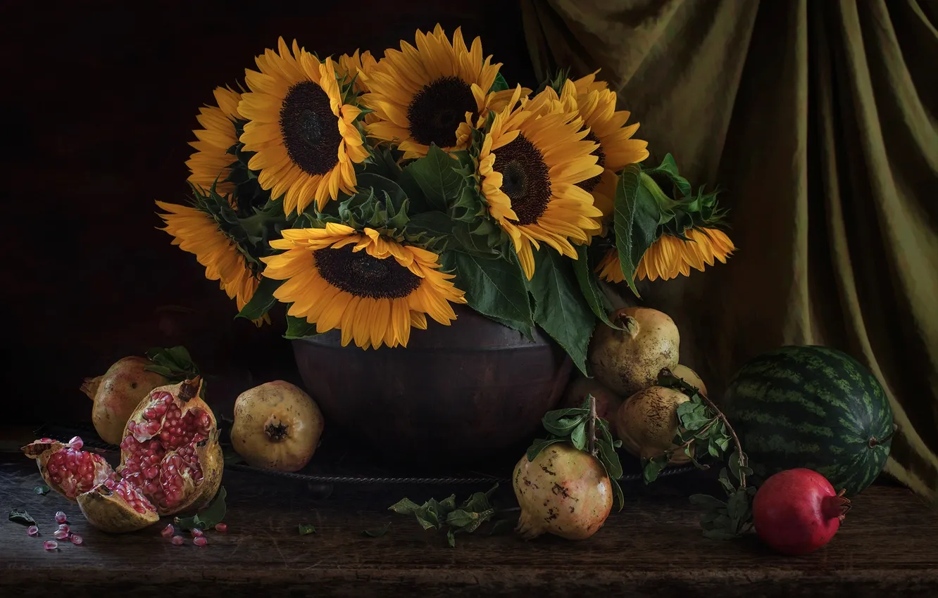 Photo wallpaper sunflowers, watermelon, still life, garnet