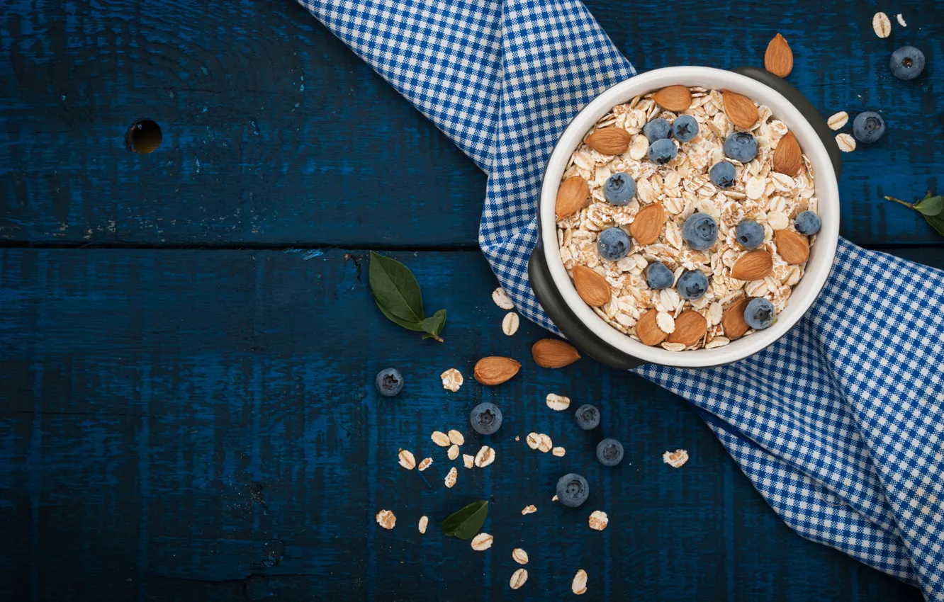 Photo wallpaper berries, Breakfast, blueberries, nuts, almonds, breakfast, cereal