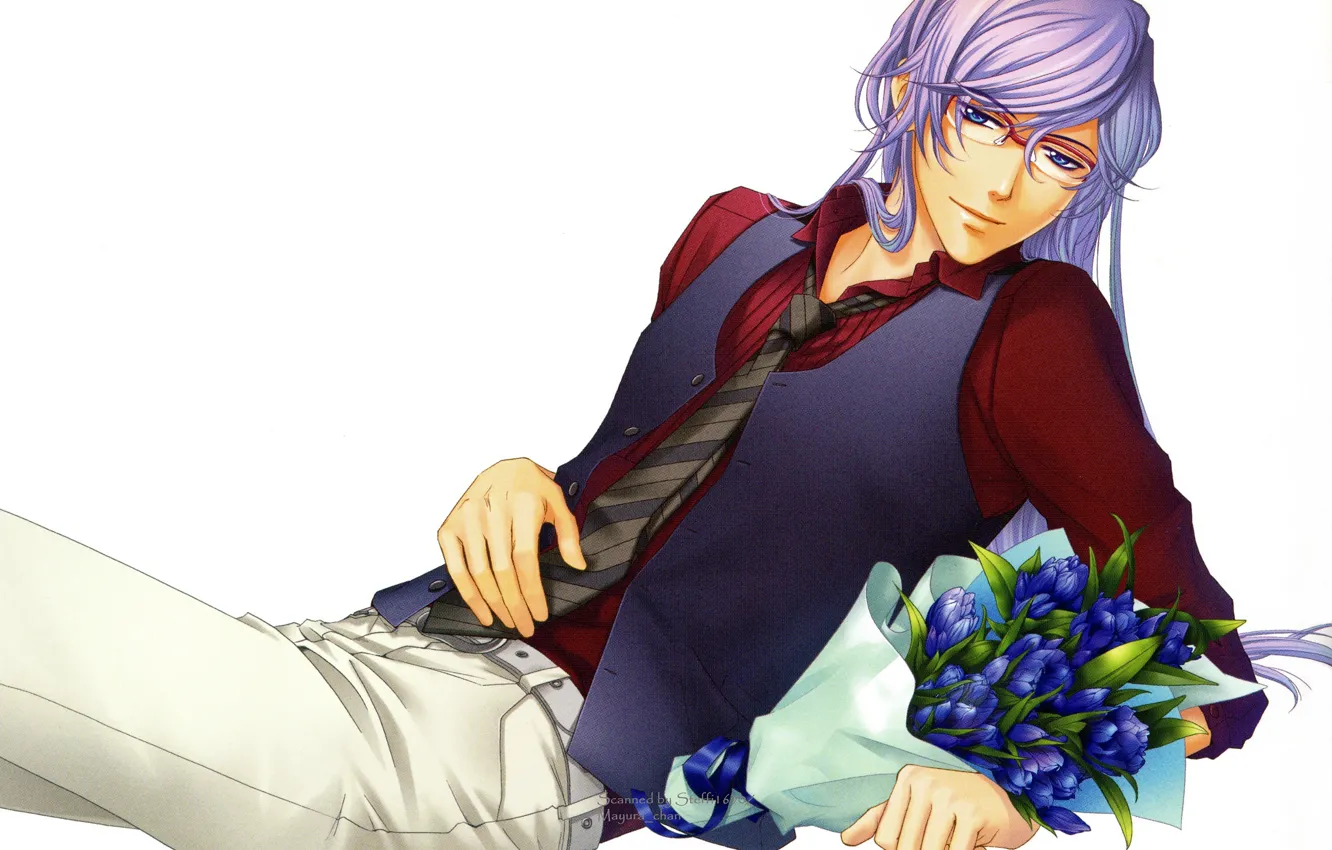 Photo wallpaper tie, a bouquet of flowers, long hair, vest, visual novel, reclining, the guy with the …