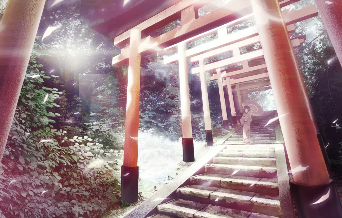 Photo wallpaper girl, nature, ladder, torii
