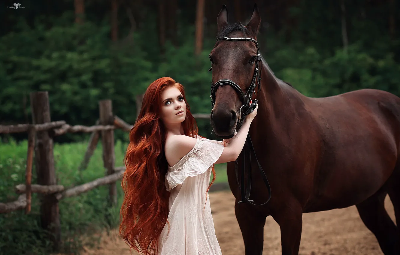 Photo wallpaper forest, girl, trees, pose, model, horse, portrait, makeup