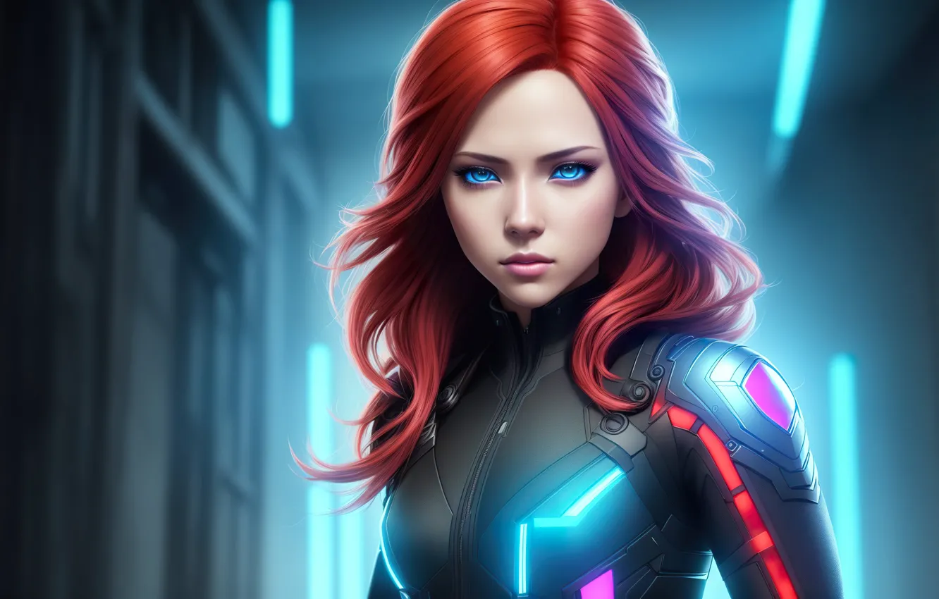 Photo wallpaper girl, fantasy, armor, art, blue eyes, Future, digital art, Black Widow