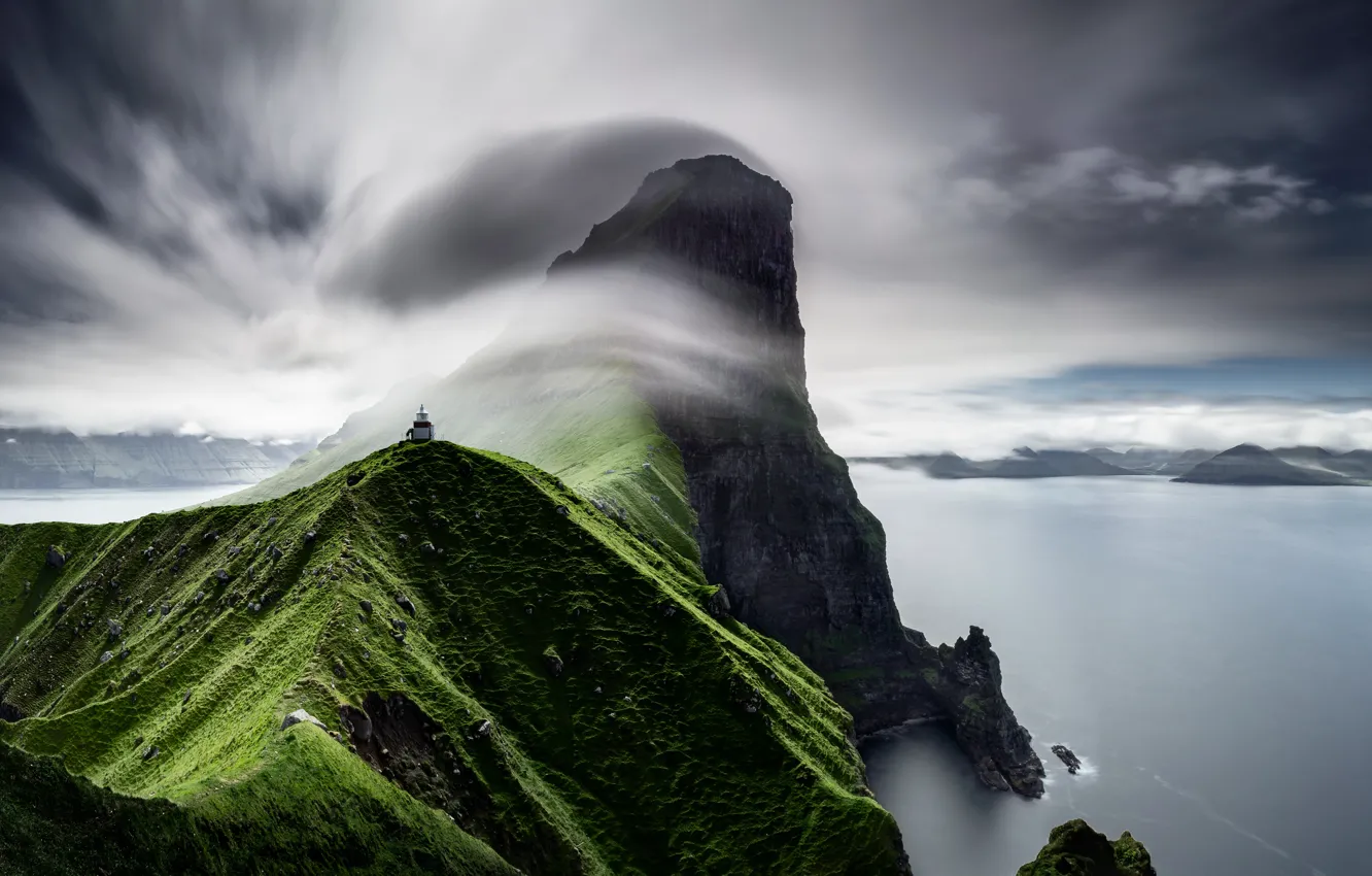 Photo wallpaper the sky, clouds, mountains, fog, lighthouse, Faroe Islands, the Atlantic ocean