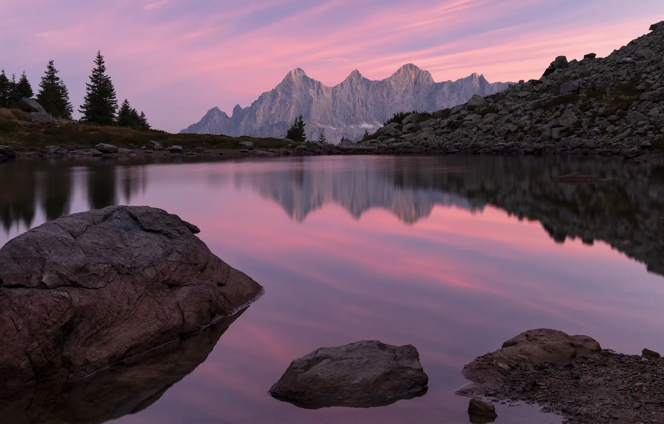 Photo wallpaper clouds, trees, sunset, mountains, lake, reflection, stones, rocks