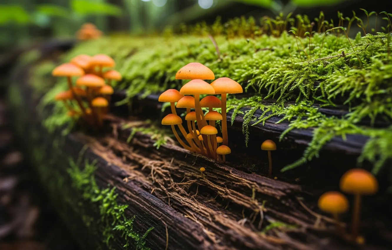 Photo wallpaper nature, Wallpaper, mushrooms, moss, wallpaper, log, nature, mushrooms