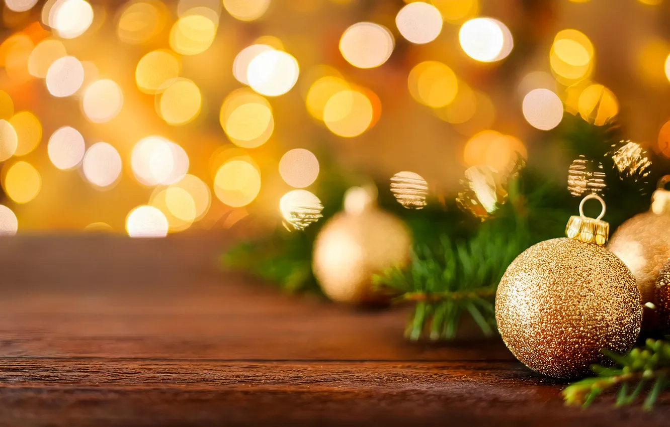 Photo wallpaper balls, branches, lights, Board, new year, Christmas, gold, needles