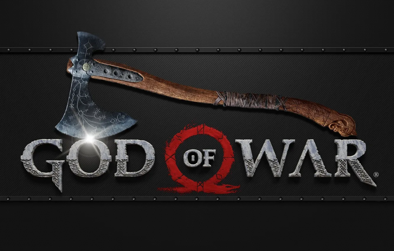 Photo wallpaper axe, logo, game, god of war, weapon, kratos, wood, blade