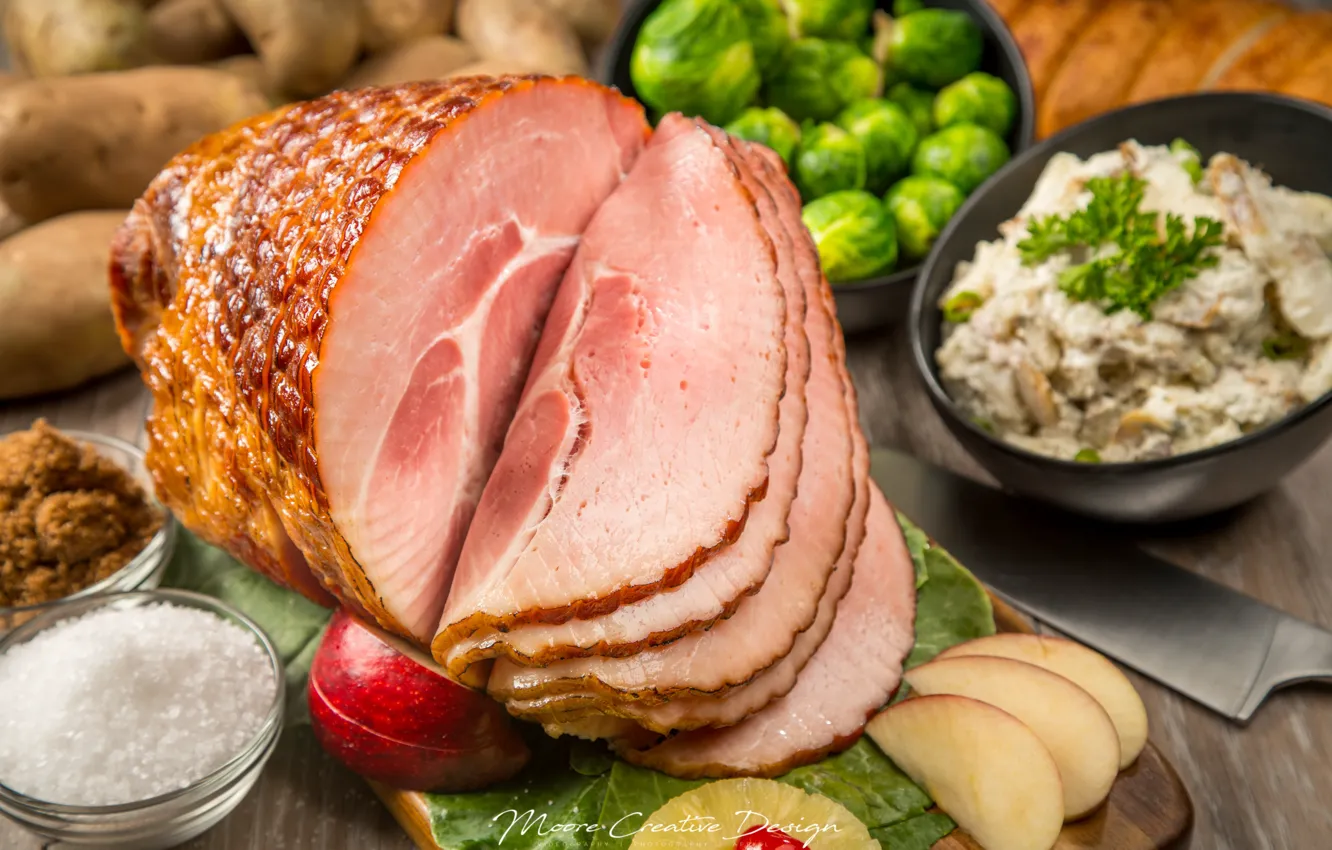 Photo wallpaper meat, sauce, salad, ham, Brussels sprouts