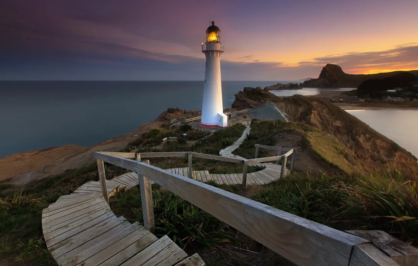 Photo wallpaper sea, the sky, sunset, the ocean, rocks, lighthouse