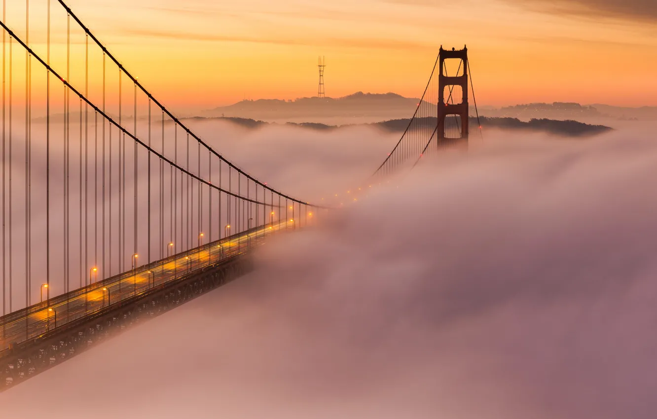 Photo wallpaper clouds, sunset, bridge, fog
