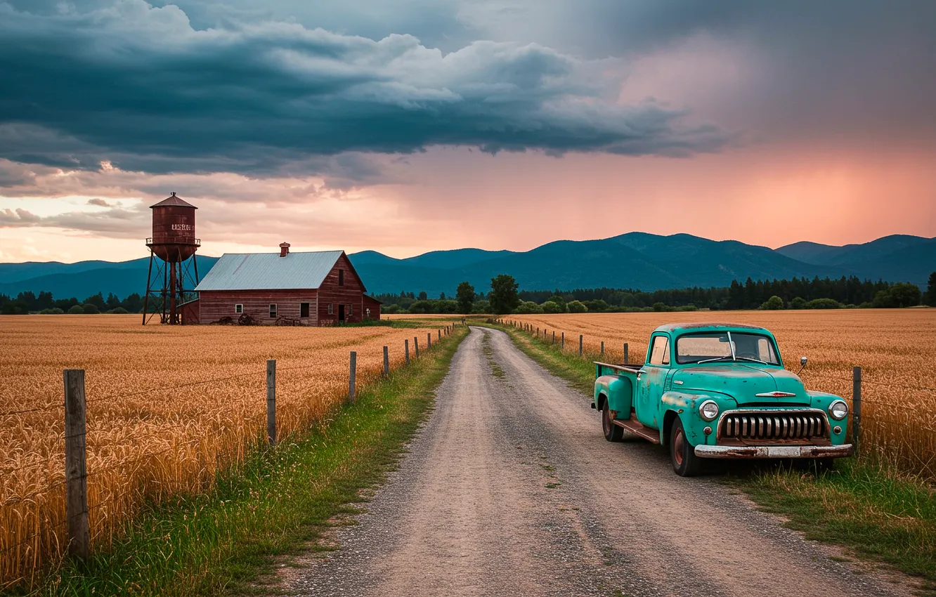 Photo wallpaper wheat, field, machine, farm