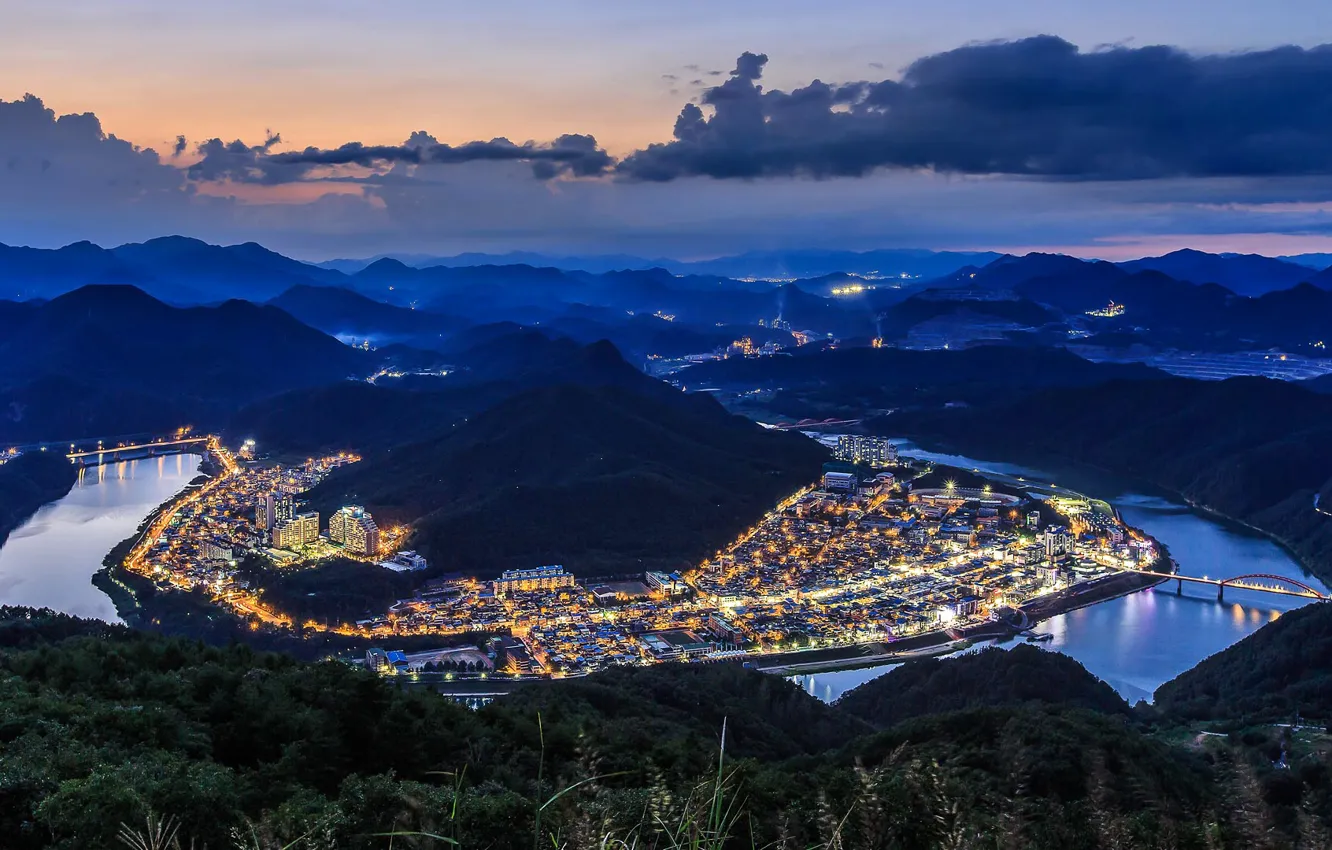 Photo wallpaper mountains, lights, river, South Korea, Northern Chungcheongnam