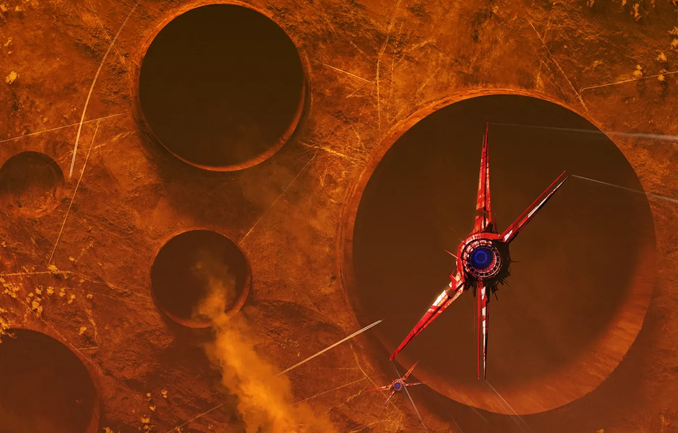 Photo wallpaper space, fiction, planet, orbit, crater, spaceship