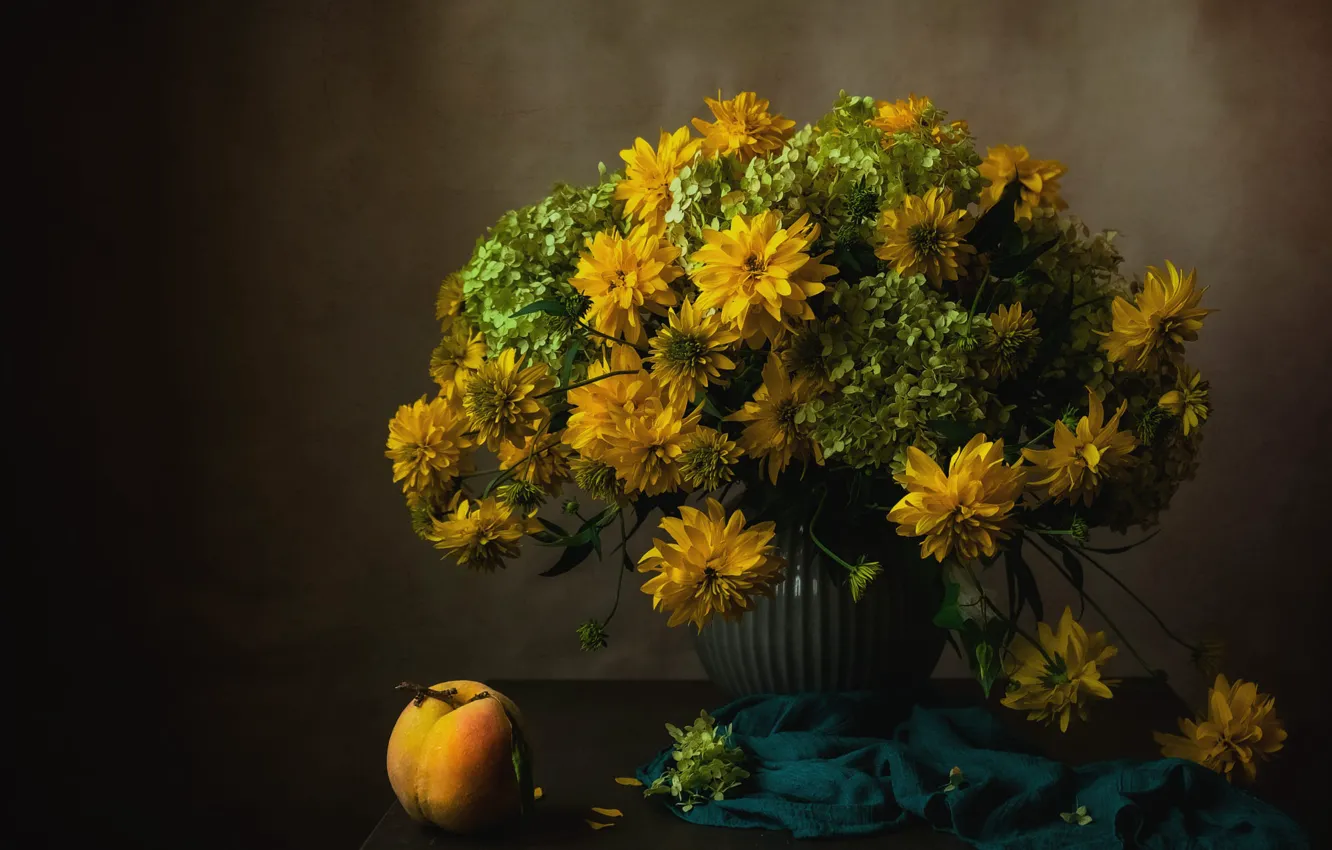 Photo wallpaper flowers, table, bouquet, yellow, fabric, vase, still life, peach