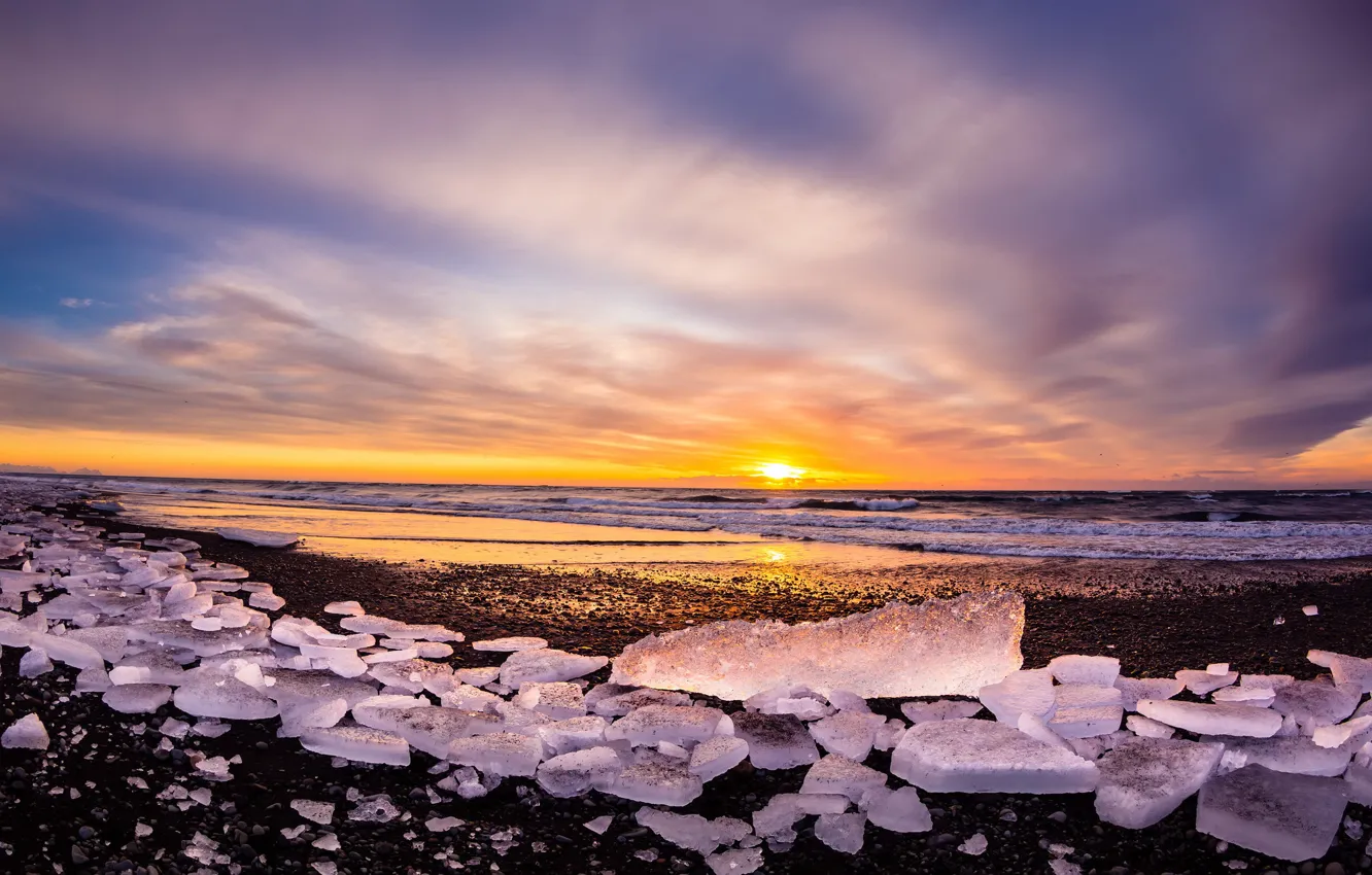 Photo wallpaper sea, sunset, ice