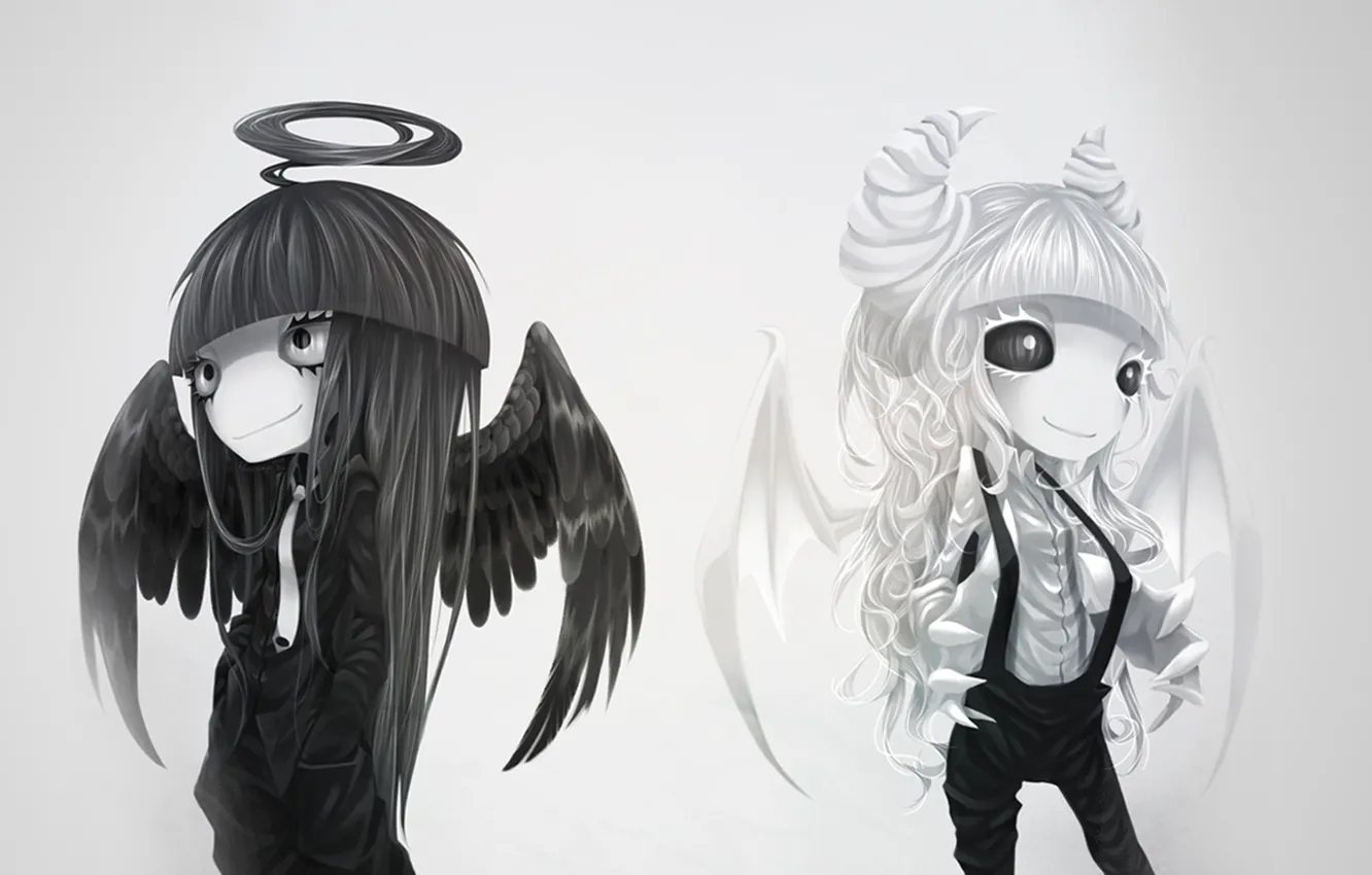 Photo wallpaper white, black, wings, Angel, the demon, horns, halo