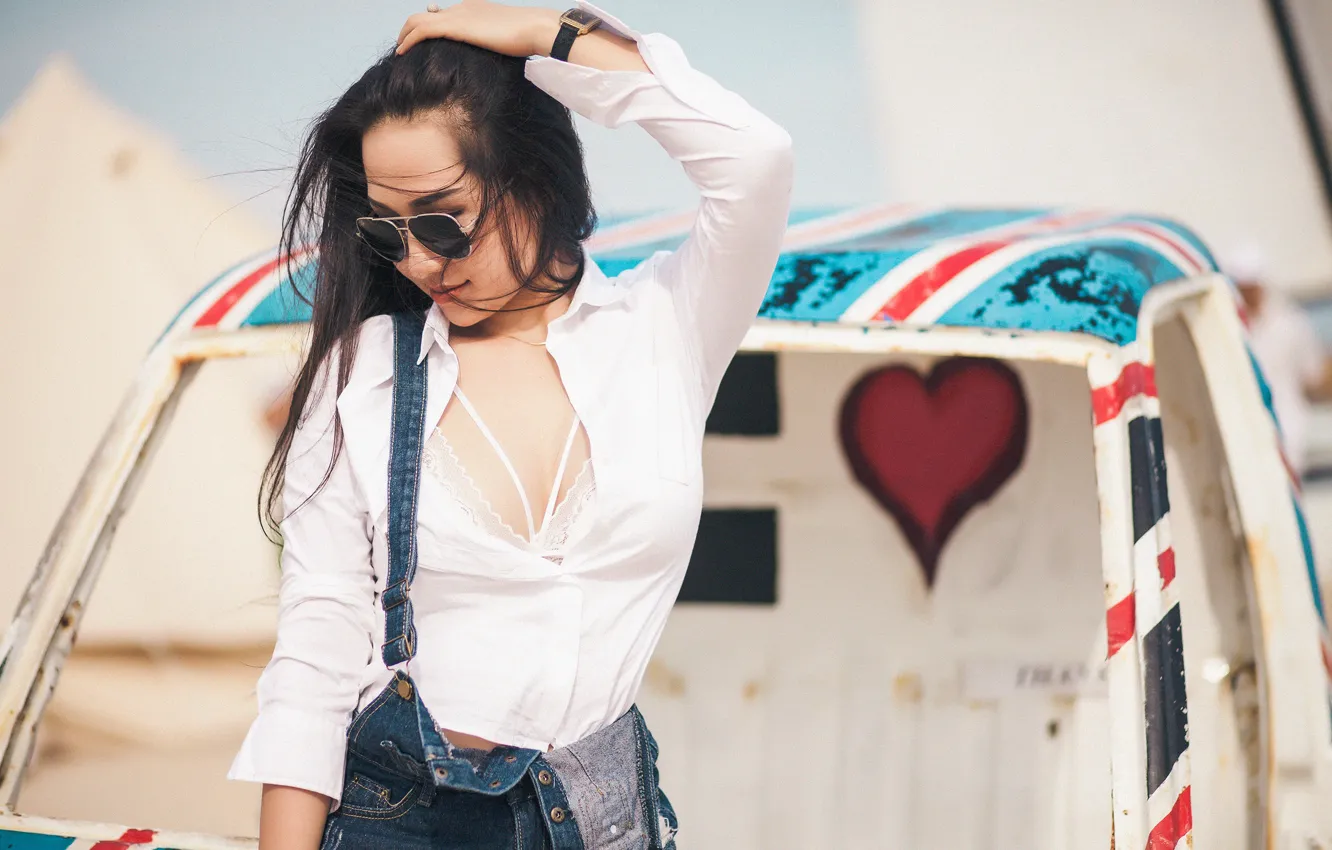 Photo wallpaper pose, glasses, blouse, Asian