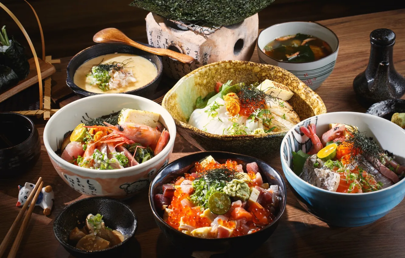Photo wallpaper dish, sushi, seafood, serving, Asian cuisine