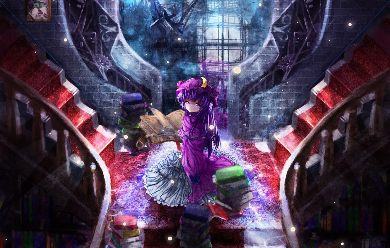 Photo wallpaper girl, night, books, art, ladder, pictures, touhou, patchouli knowledge