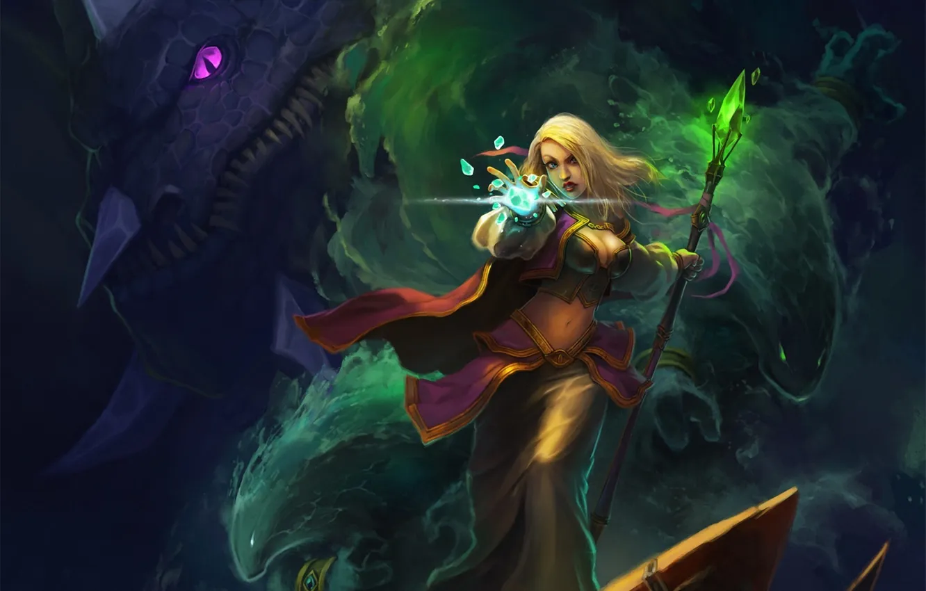 Photo wallpaper ice, girl, rocks, magic, dragon, art, staff, Kan Liu