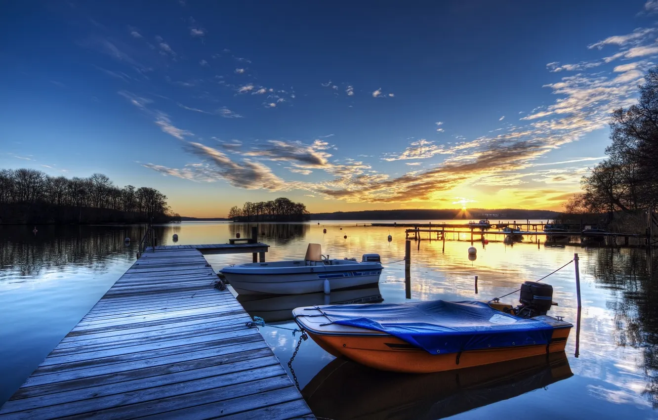 Photo wallpaper clouds, sunset, boat, the evening, pier, pond, the buoys