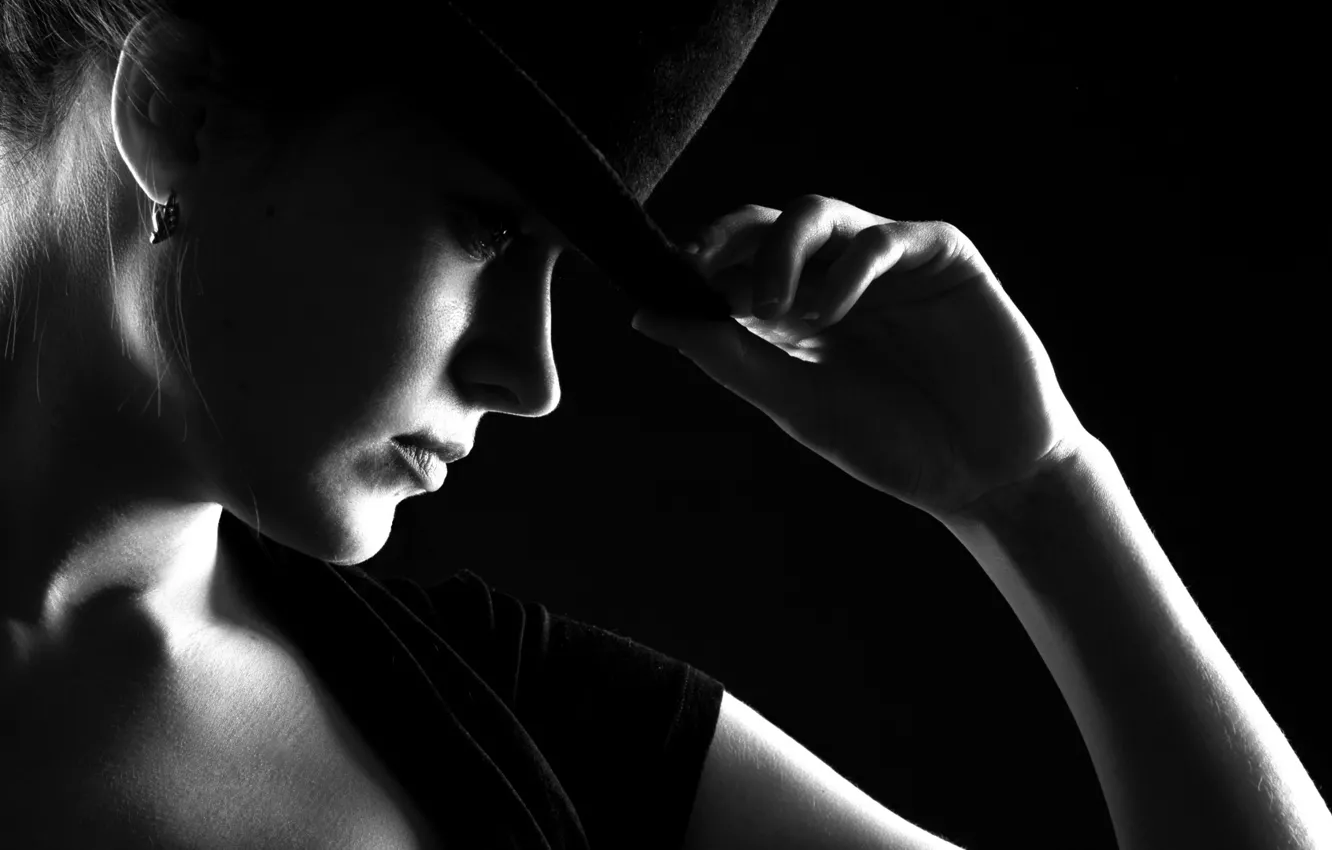 Photo wallpaper girl, hat, black and white