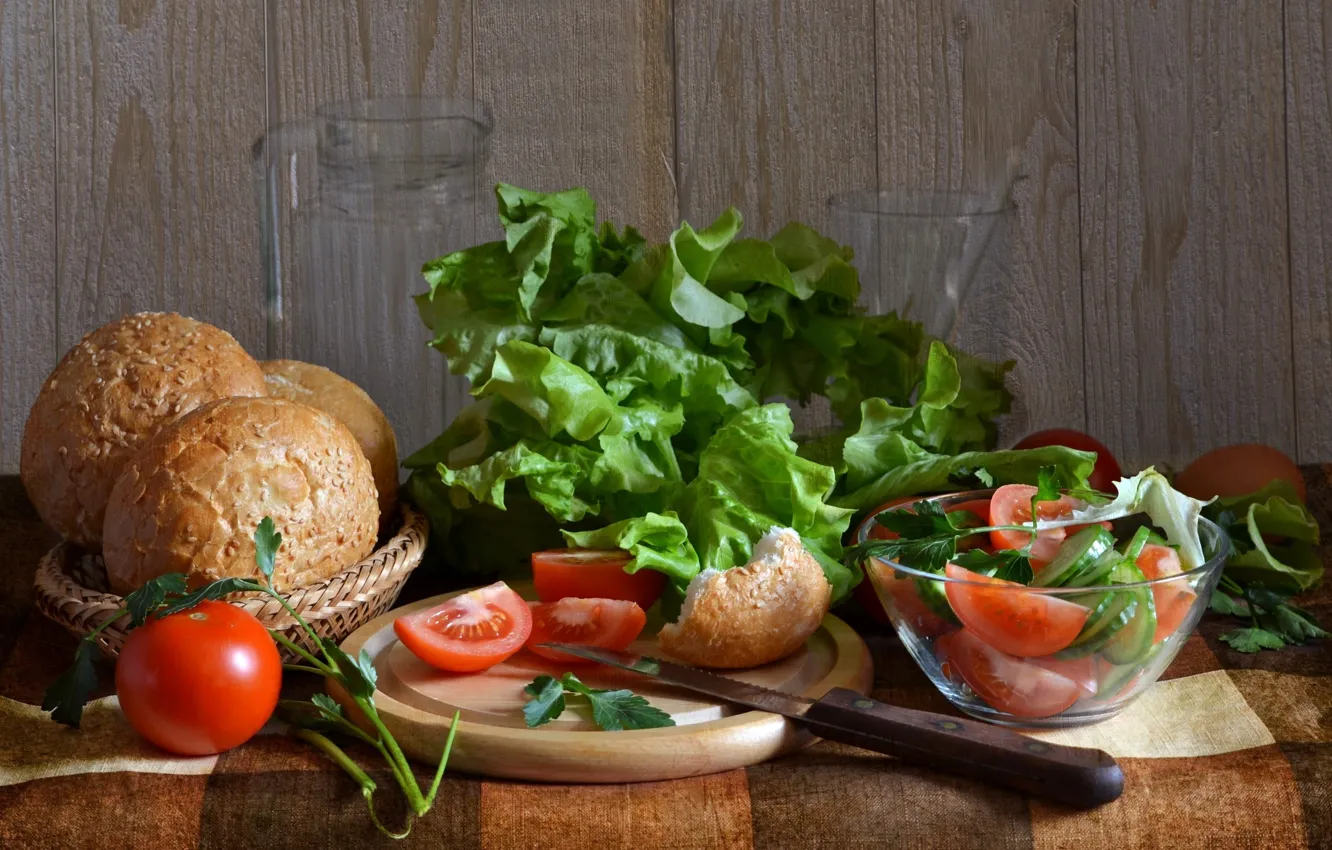 Photo wallpaper food, bread, vegetables, tomatoes, salad, cutting Board