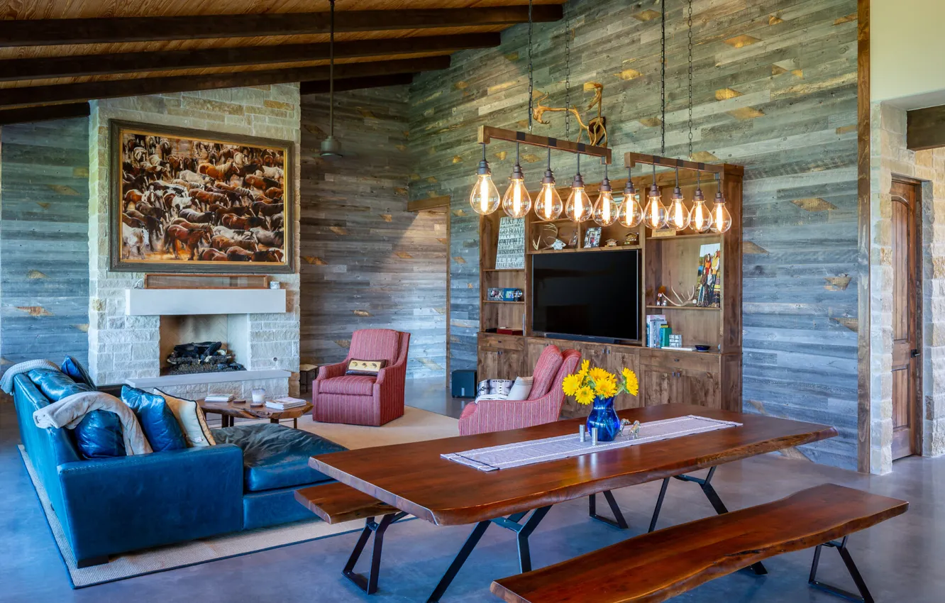 Photo wallpaper design, style, interior, lighting, fireplace, living room, dining room, upholstered furniture