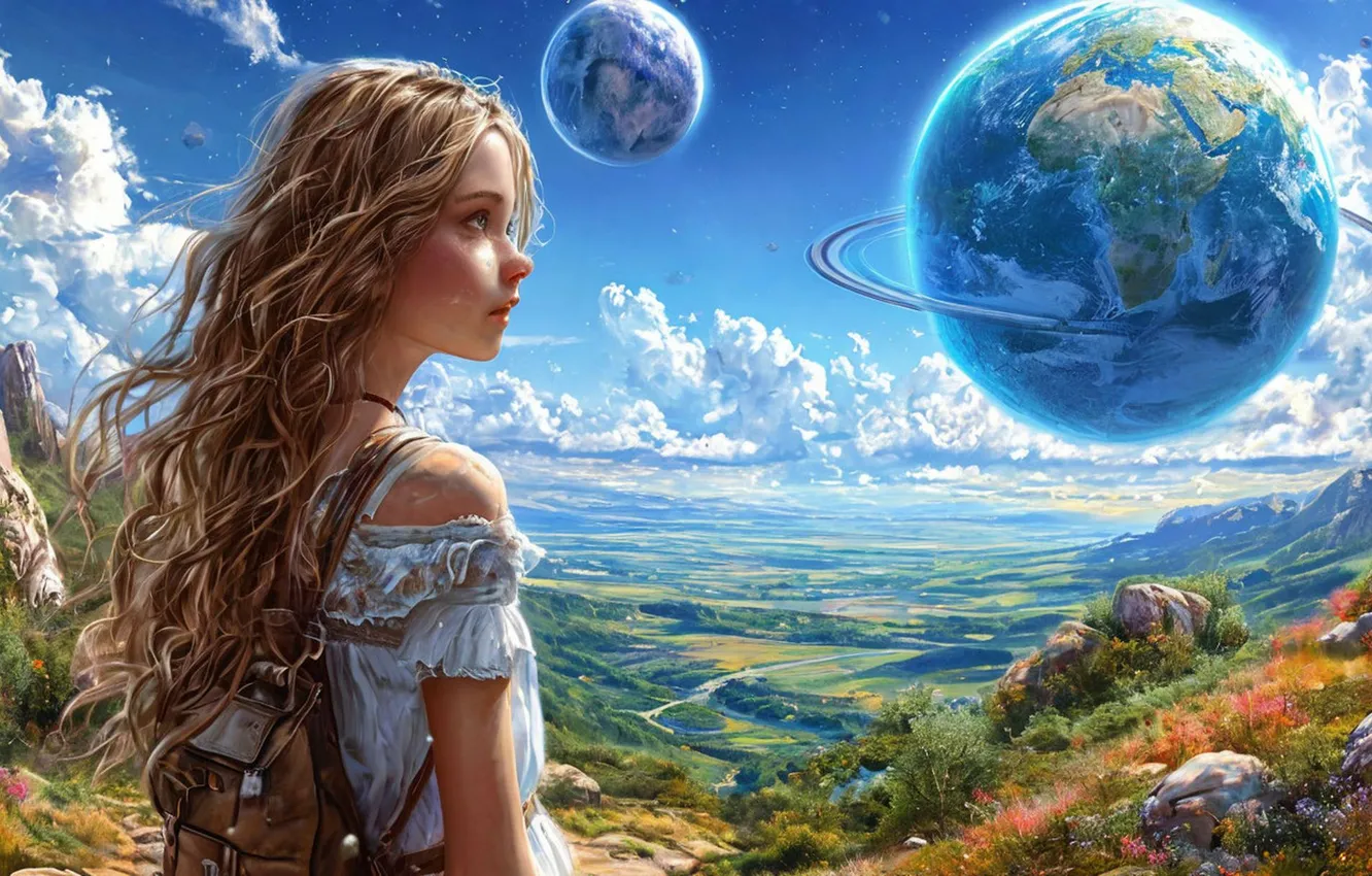 Photo wallpaper clouds, planet, surprise, Other Worlds, beautiful girl, digital art, digital art, beautiful landscape