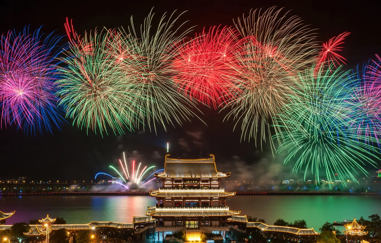 Photo wallpaper night, lights, lake, holiday, China, beauty, salute, China