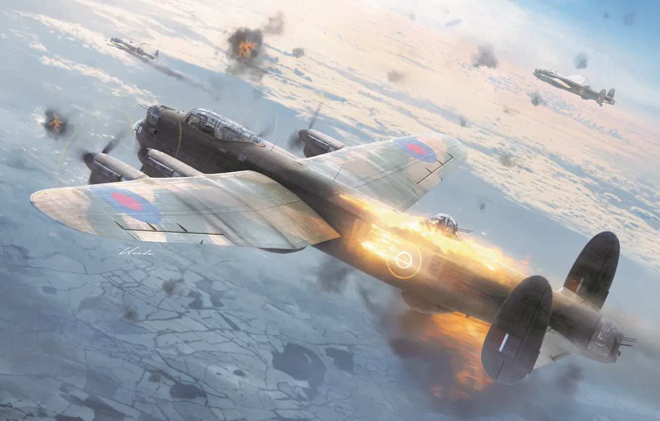 Photo wallpaper UK, bomber, Lancaster, burning lancaster