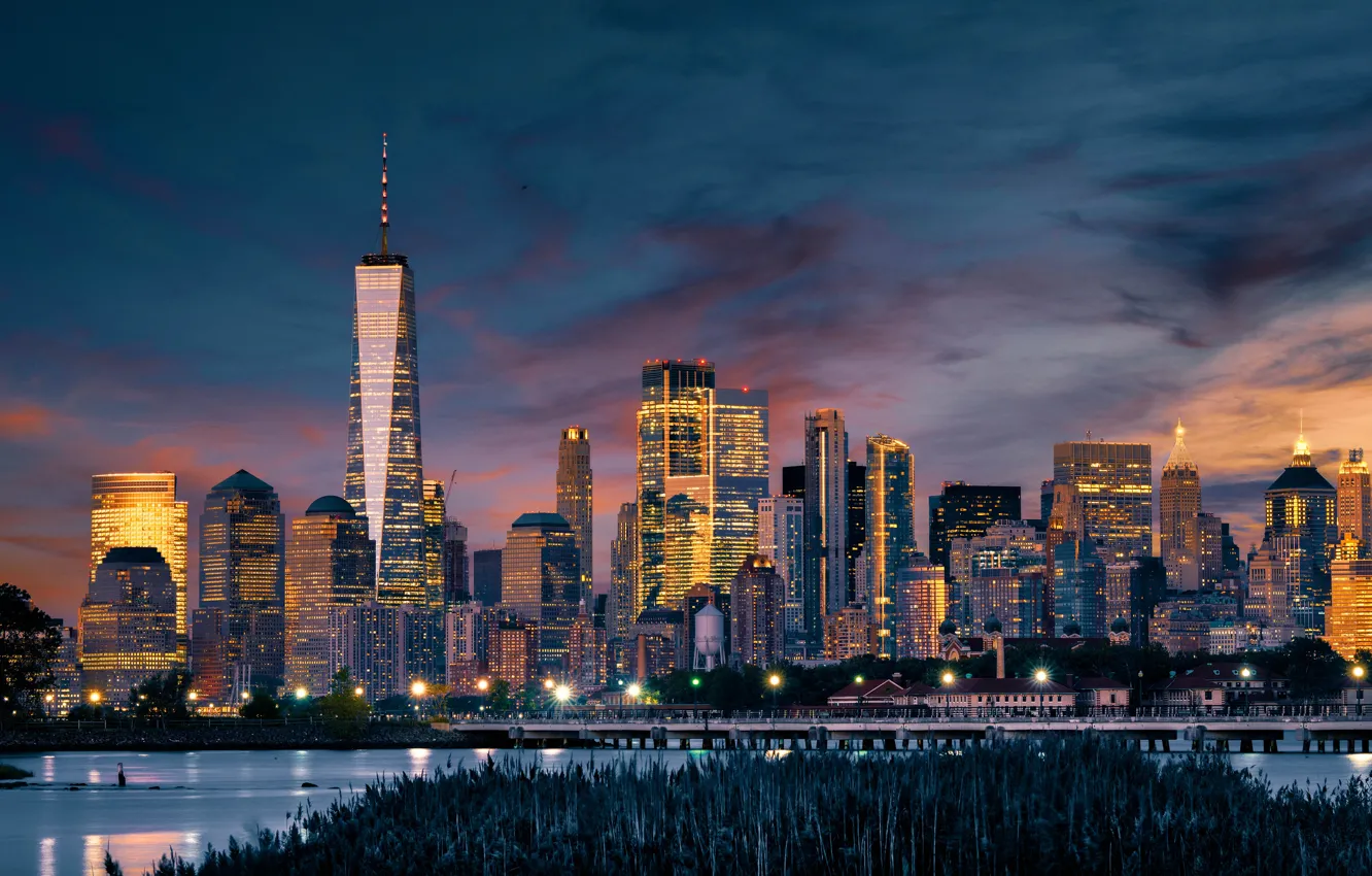 Photo wallpaper the sky, clouds, night, the city, lights, shore, building, tower