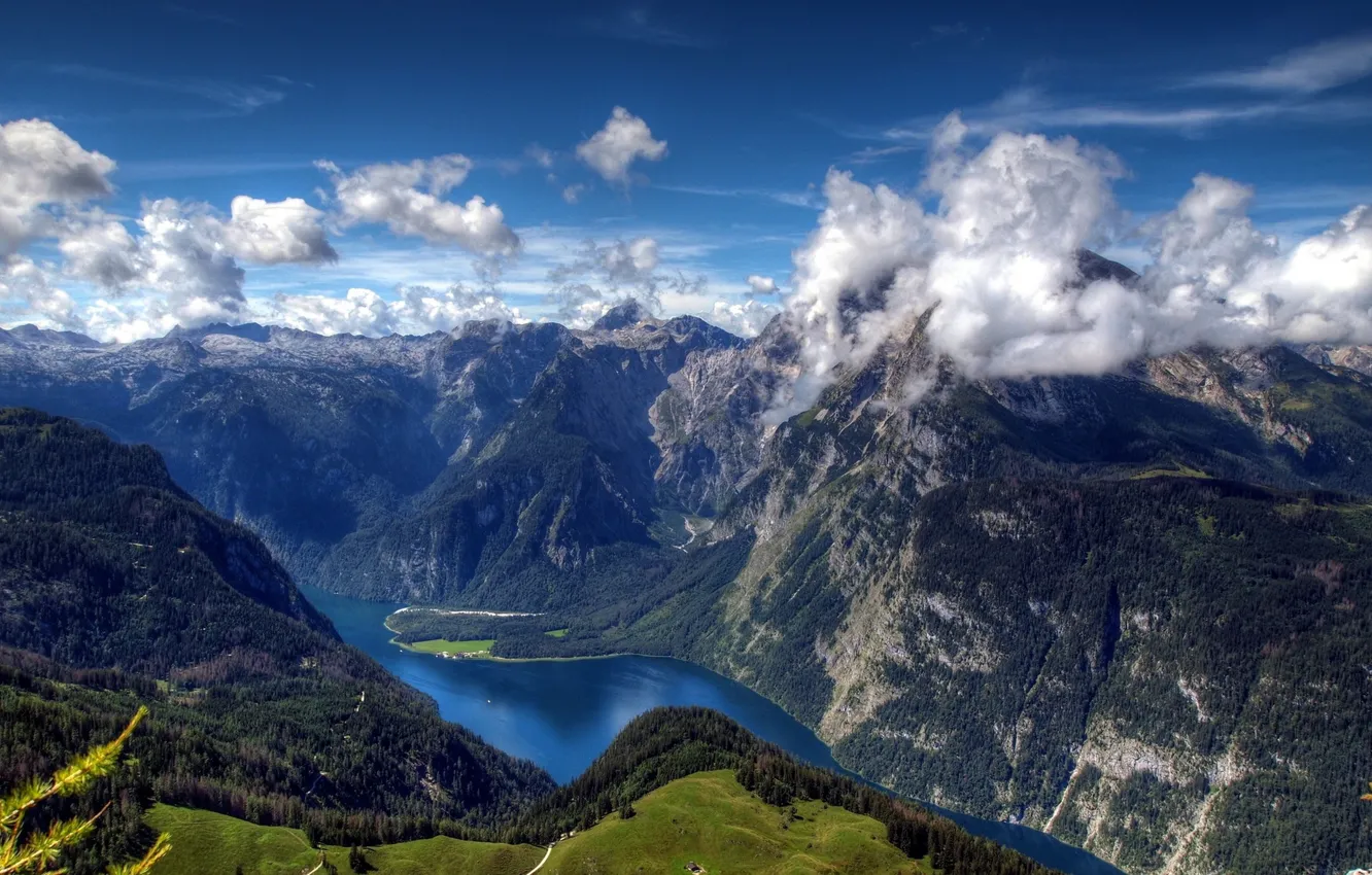 Photo wallpaper greens, the sky, clouds, trees, mountains, river