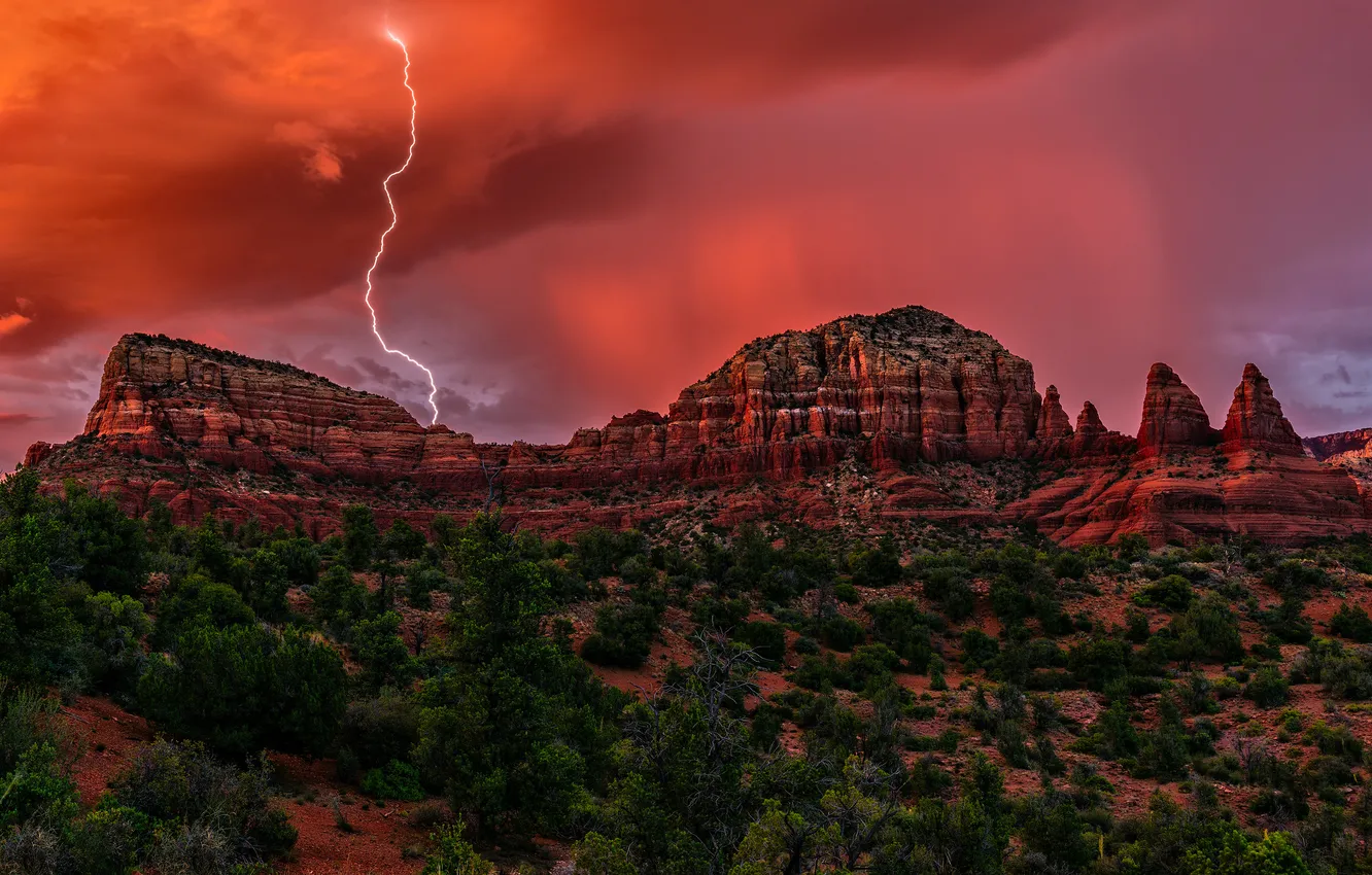Photo wallpaper the storm, field, the sky, sunset, mountains, clouds, rocks, vegetation