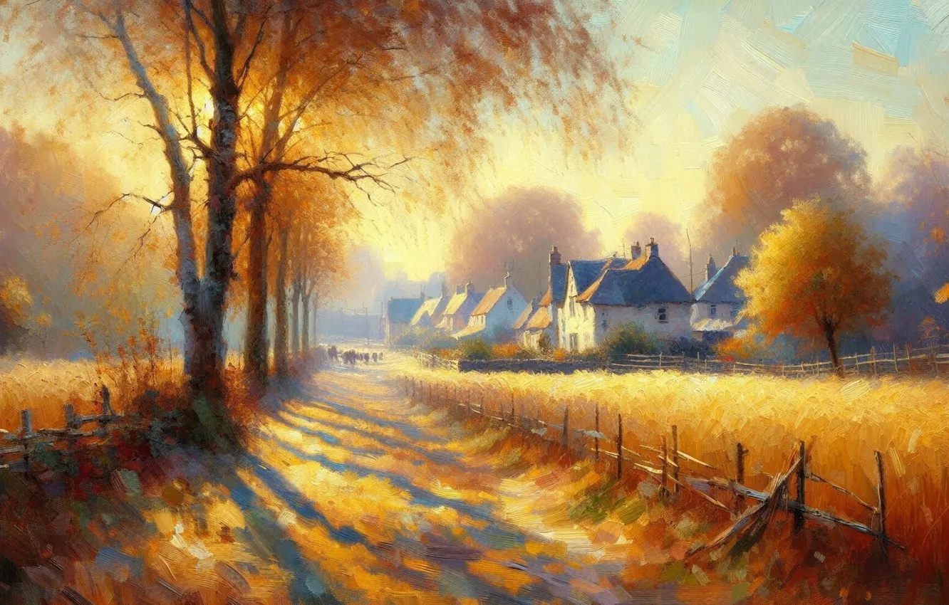 Photo wallpaper field, autumn, light, trees, home, morning, village, haze