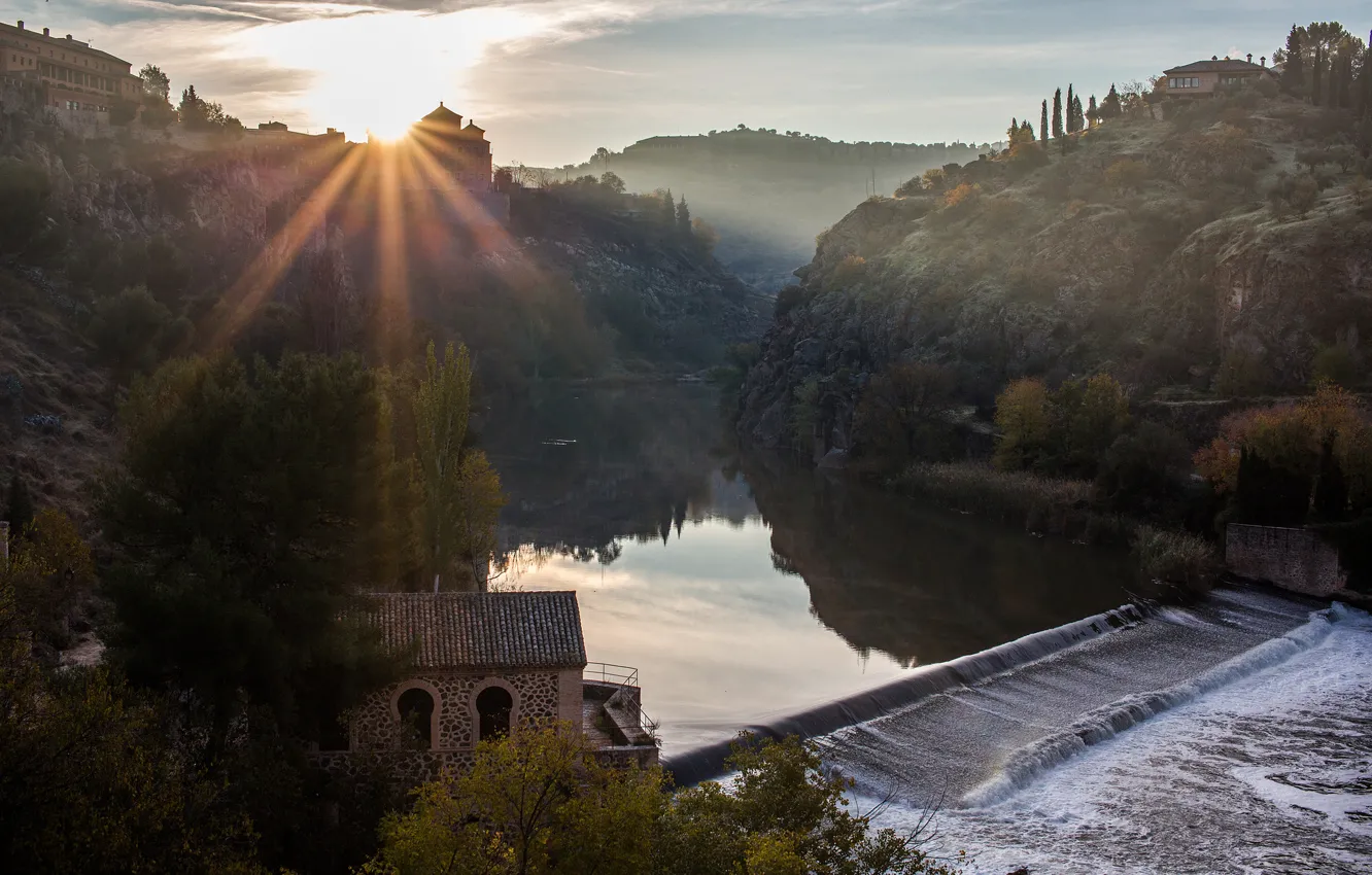 Wallpaper the sun, rays, light, nature, river, sunrise, view, height ...