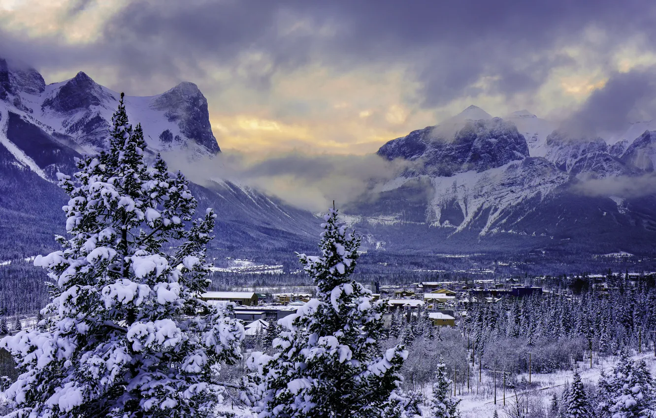Photo wallpaper winter, snow, mountains, valley, Canada, Banff National Park, Alberta, Canmore