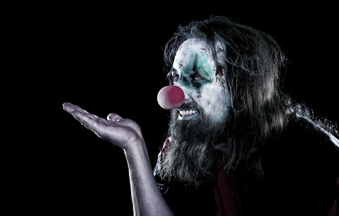 Photo wallpaper smile, hand, clown, hairstyle, male, beard, black background, gesture