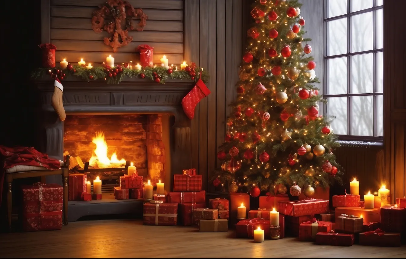 Photo wallpaper room, tree, new year, interior, Christmas, fireplace, Christmas, view