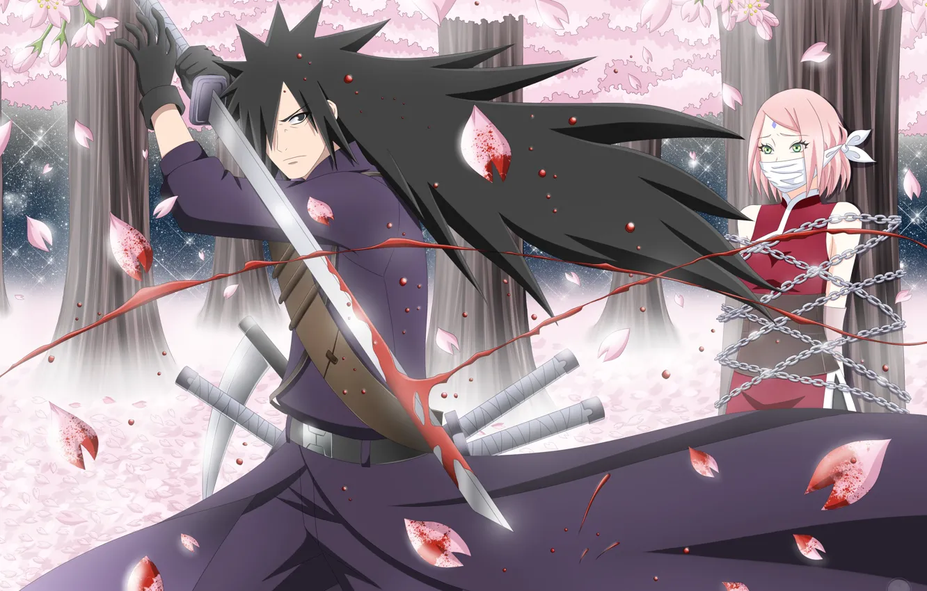 Photo wallpaper blood, sword, katana, Sakura, Naruto, Madara Uchiha