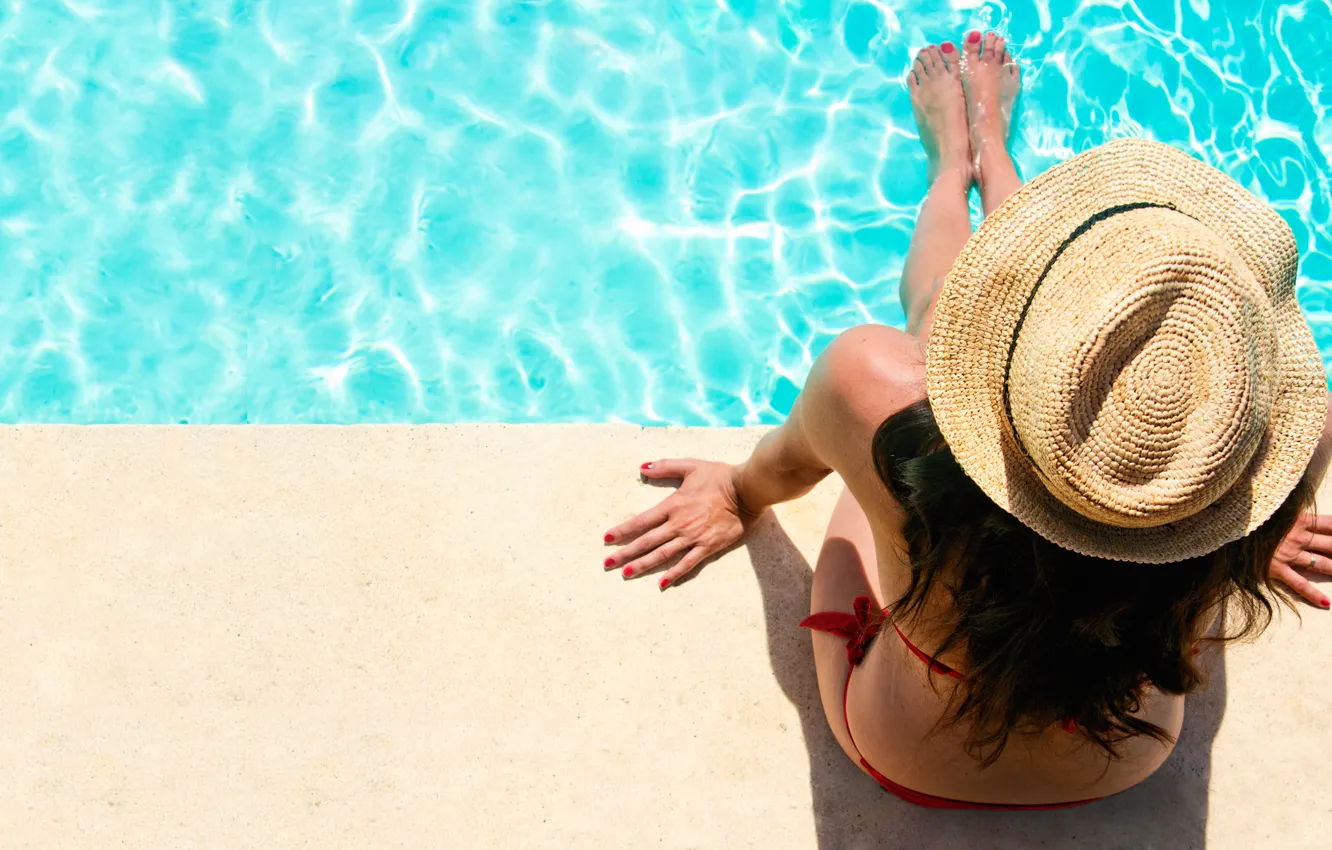 Photo wallpaper summer, girl, pool, hat