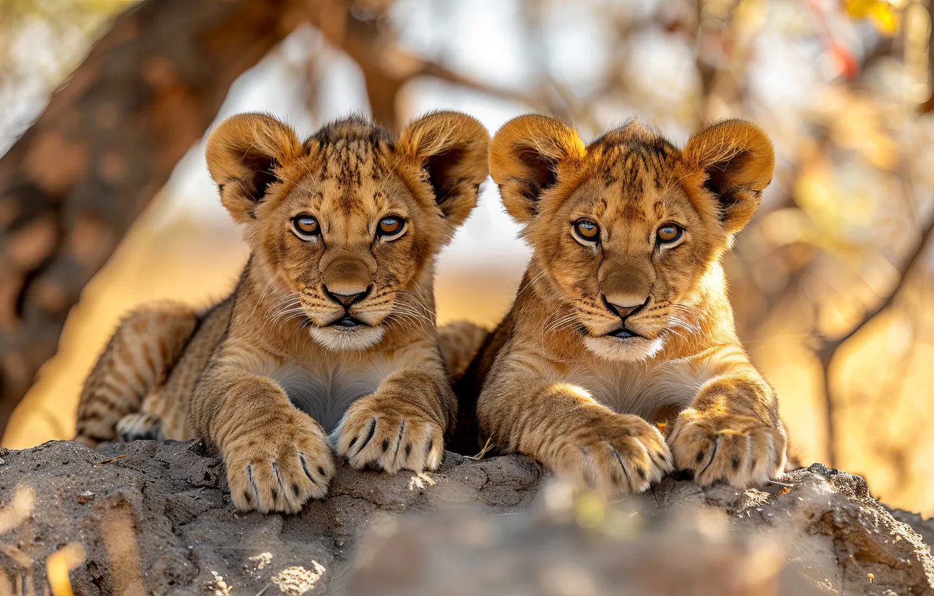 Photo wallpaper look, cub, kitty, two, lion, big cats, digital art, AI art