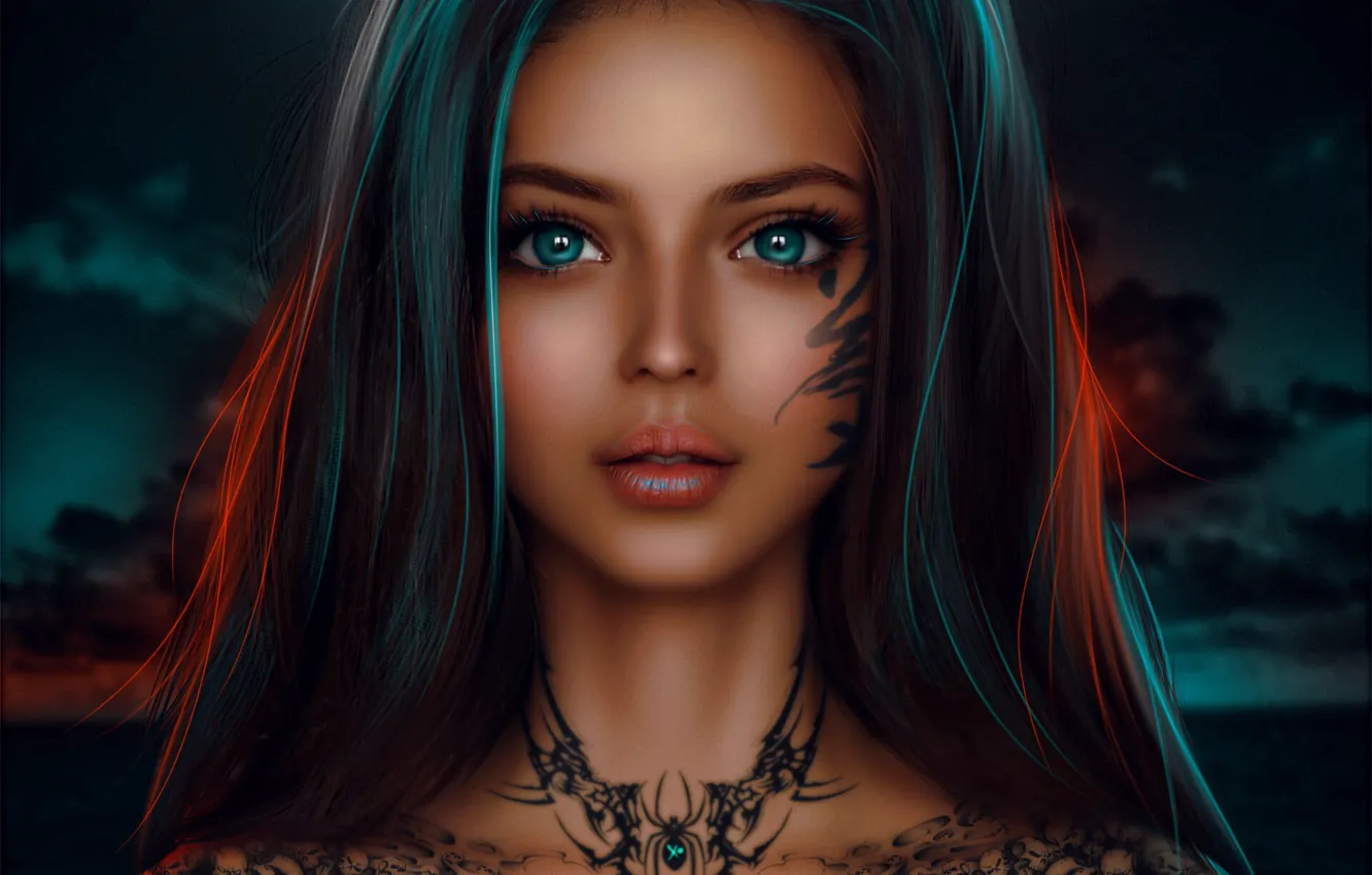 Photo wallpaper the sky, clouds, tattoo, beautiful, blue eyes, devuschka, MiniDem