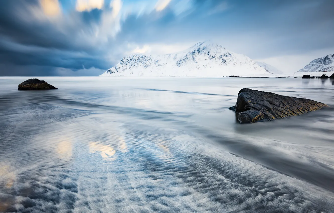 Photo wallpaper sea, water, clouds, snow, rocks, Norway, Norway, The Lofoten Islands