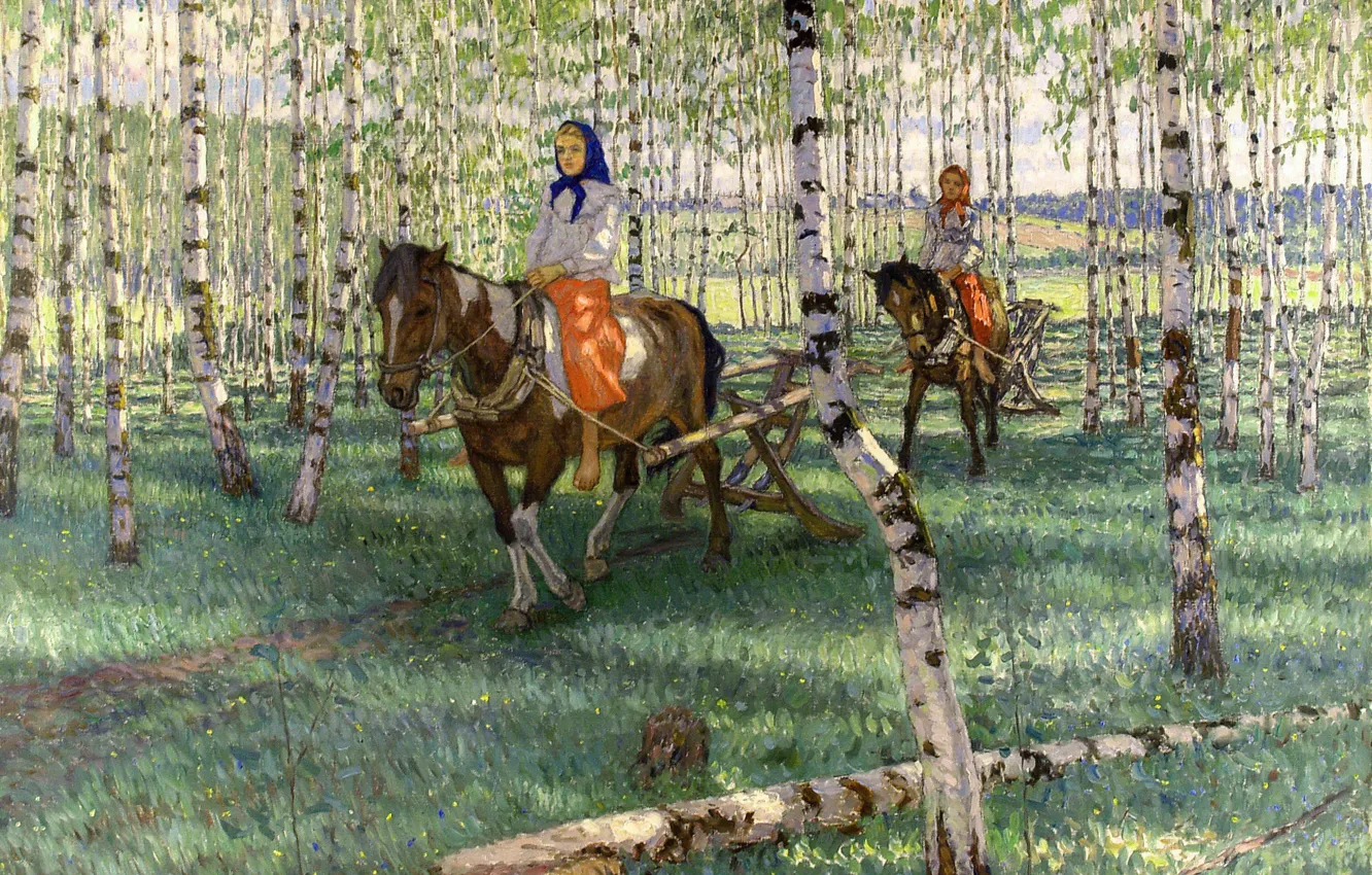 Photo wallpaper forest, girls, horse, birch, Riga, 1921, To work, Bogdanov-Belsky