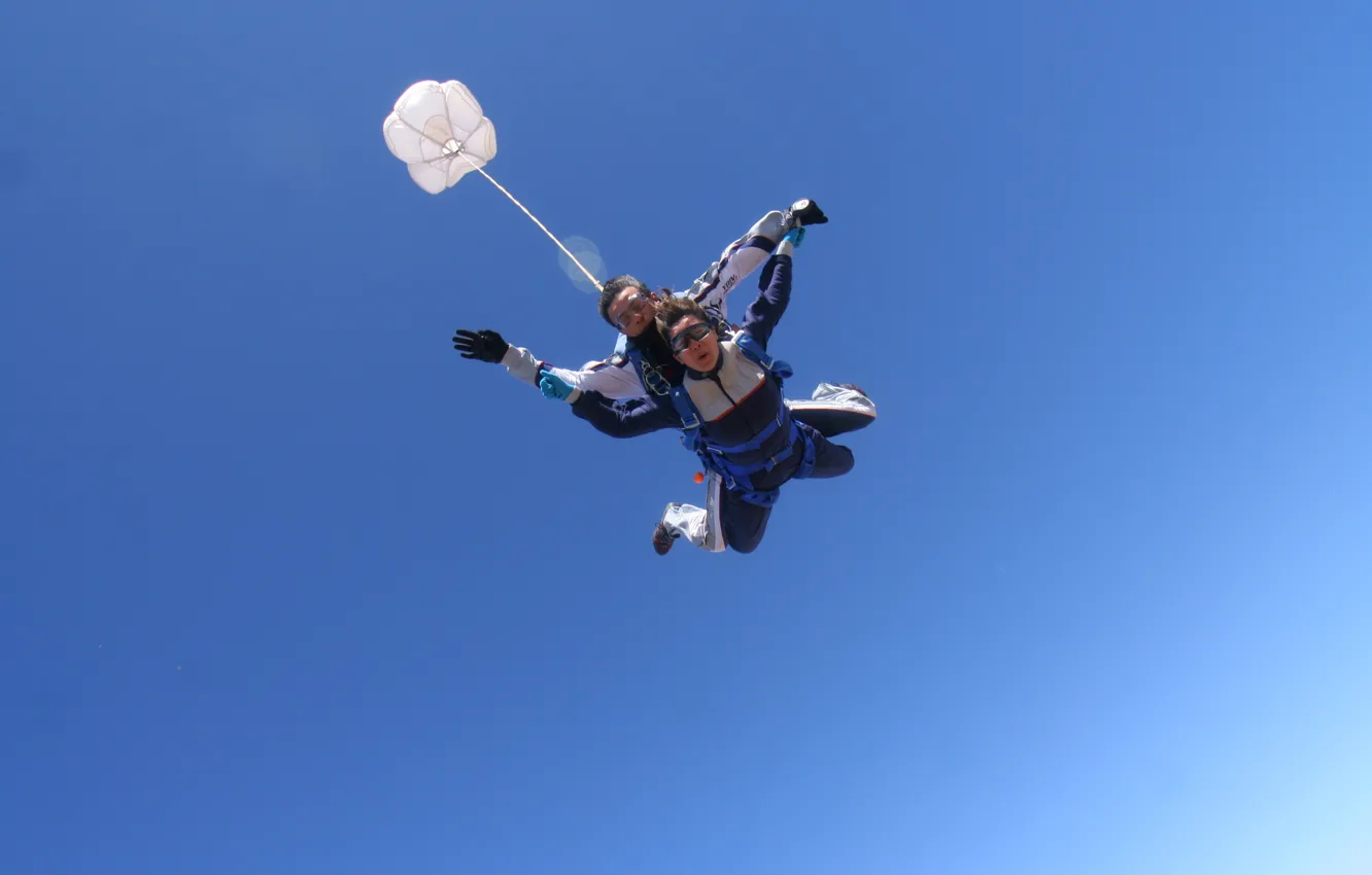 Photo wallpaper the sky, blue, glasses, parachute, container, skydivers, tandem, extreme sports