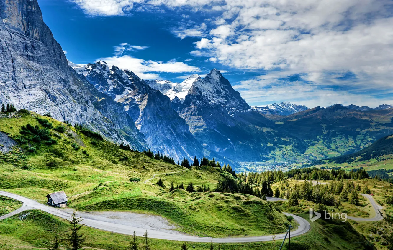 Photo wallpaper road, mountains, house, Switzerland, the pass Grosse Scheidegg, The Eiger, Eiger