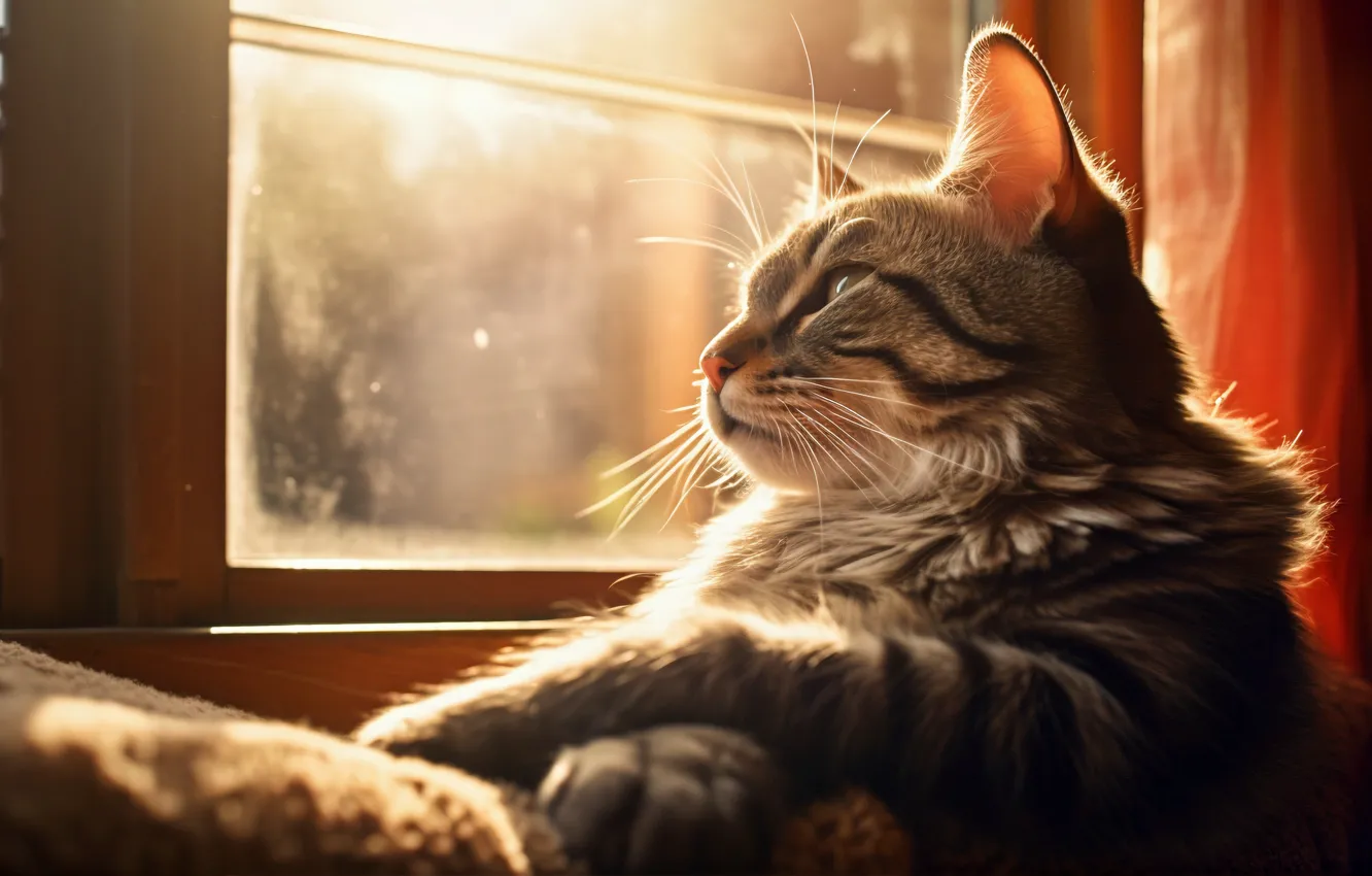 Photo wallpaper cat, cat, look, the sun, light, pose, paws, window