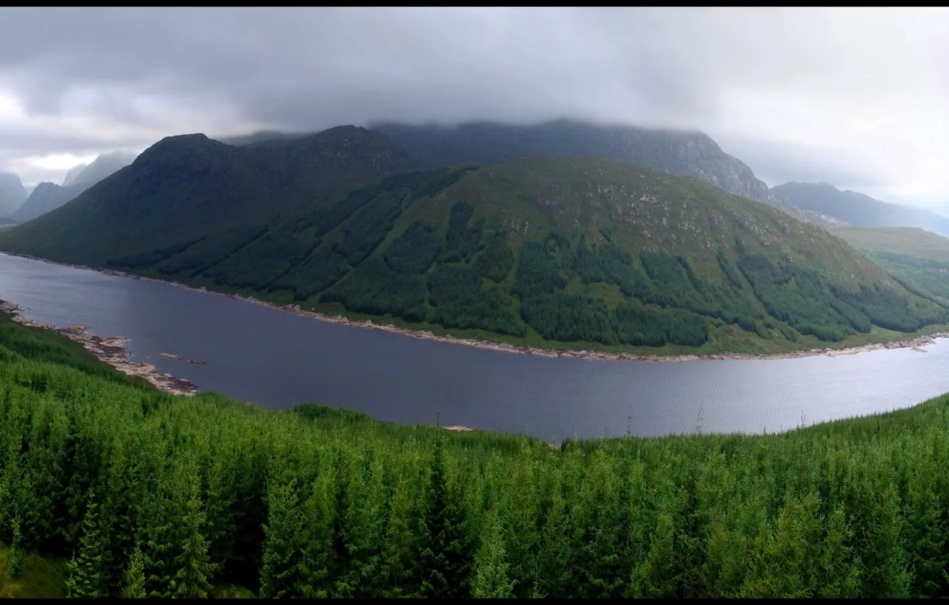 Photo wallpaper forest, mountains, river